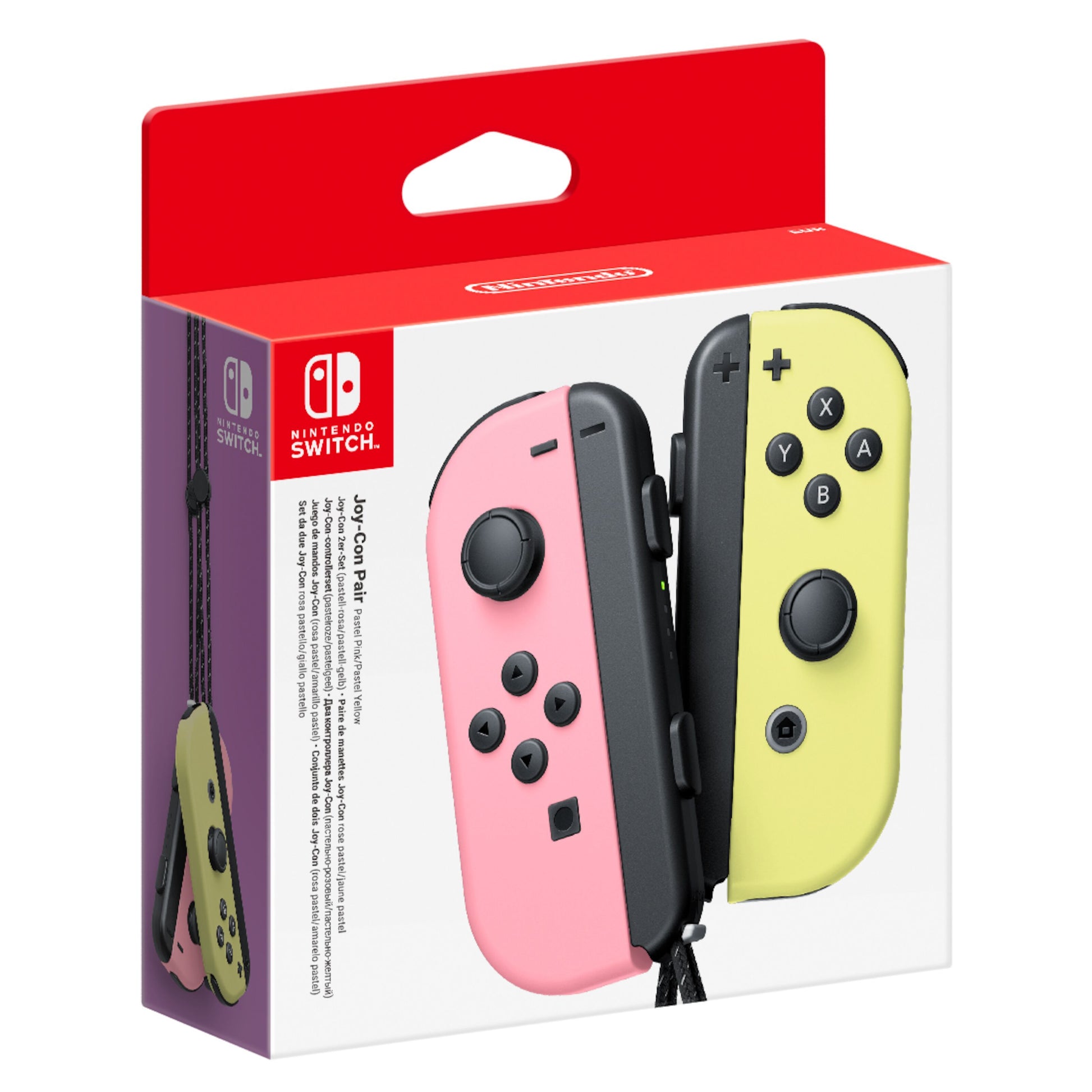 Nintendo Joy-Con controller-par lyserød/gul i æske med Nintendo-logo, indeholder én lyserød og én gul controller.