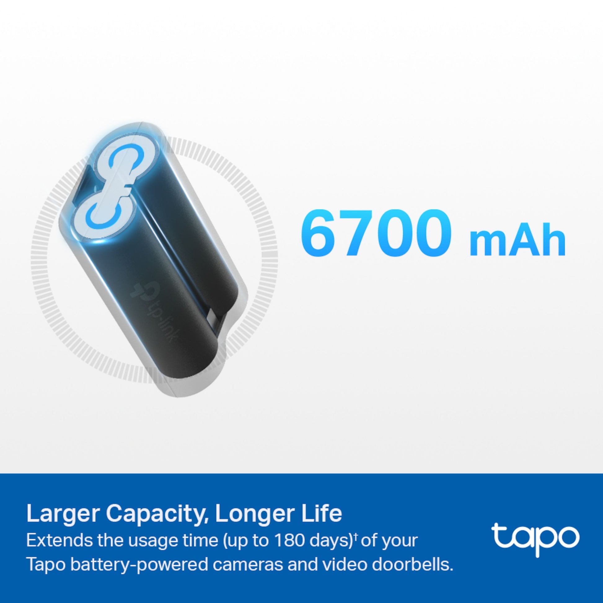 TP-Link Tapo A100 blå cylindriske batterier 6700 mAh, synligt mærkat og Tapo-logo nederst til højre.