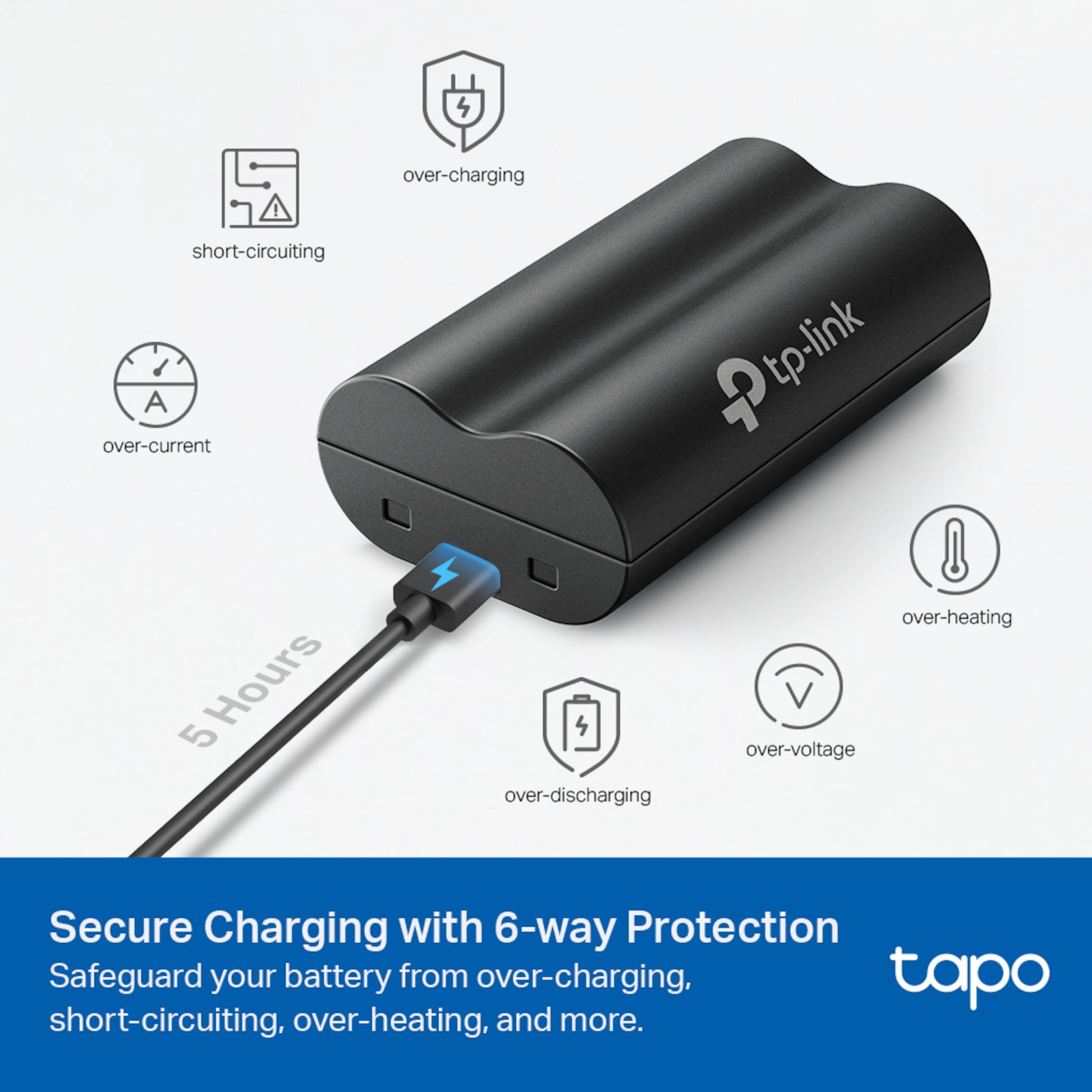 TP-Link Tapo A100 batteripakke 6-vejs beskyttelse oplades på 5 timer til Tapo-enheder.