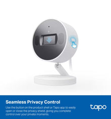 TP-Link Tapo C125 Wi-Fi overvågningskamera med cirkulær front, blå privatlivsknap og 2K QHD-opløsning.