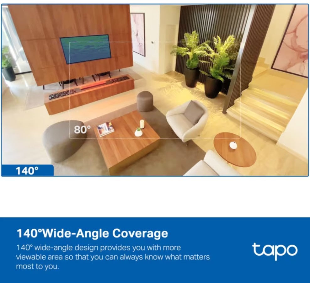 Tapo C125 Overvågningskamera med Wi-Fi, visning fra ovn, overlay viser 140° vidvinkelrækkevidde mod 80°.