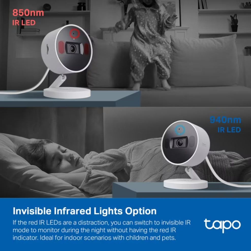 TP-Link Tapo C125 overvågningskamera med Wi-Fi, 2K QHD opløsning og 940nm IR LED til usynlig natoptagelse.