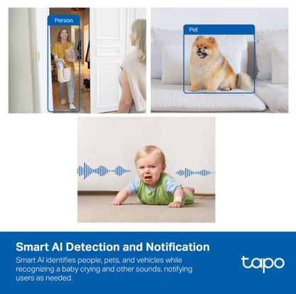 TP-Link Tapo C125 overvågningskamera Wi-Fi 2K QHD AI-detektion personer ved dør, Pomeranian på sofa, lydnotifikationer.