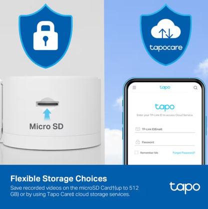 TP-Link Tapo C125 Overvågningskamera Wi-Fi microSD-kortslot med sikkerhedsikon og smartphone med Tapo Care-login.