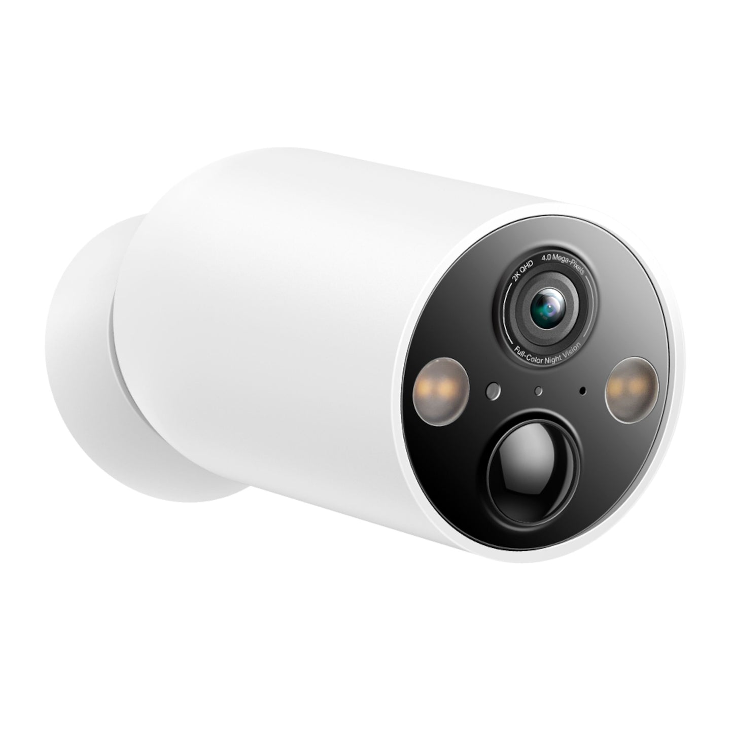TP-Link Tapo C425 batteridrevet wifi kamera, hvid cylinder med sort front, linse, to lys, bevægelsessensor, farve nattevågning.