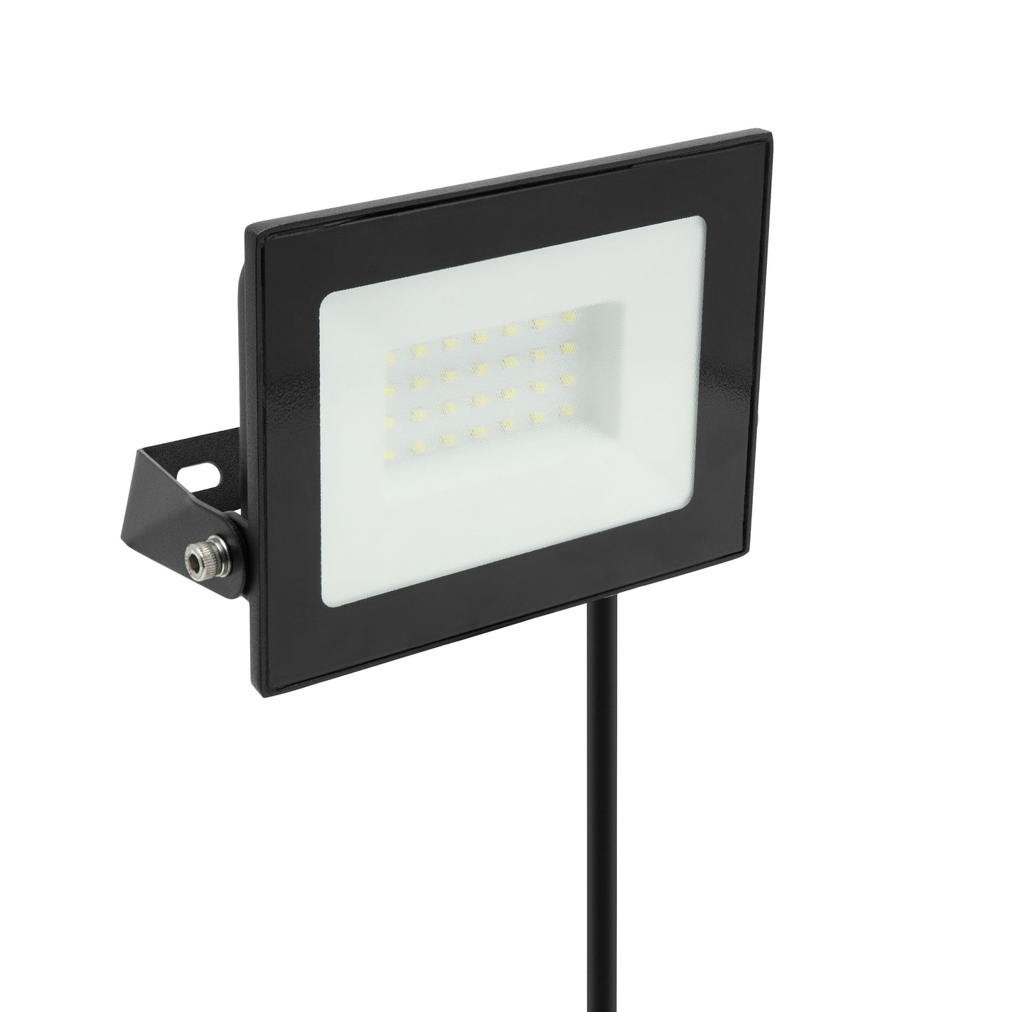 Luxorparts LED-projektør 30 W 3380 lm sort rektangulær IP65 med monteringsbeslag og strømkabel, gitter af LED-pærer foran.