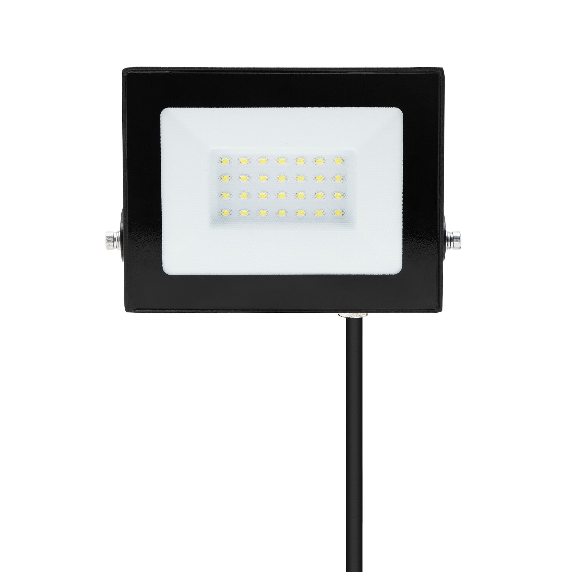 LED-projektør 30W 3380lm IP65 sort, rektangulær med gitter af gule LED'er, monteret på stativ med sort kabel.