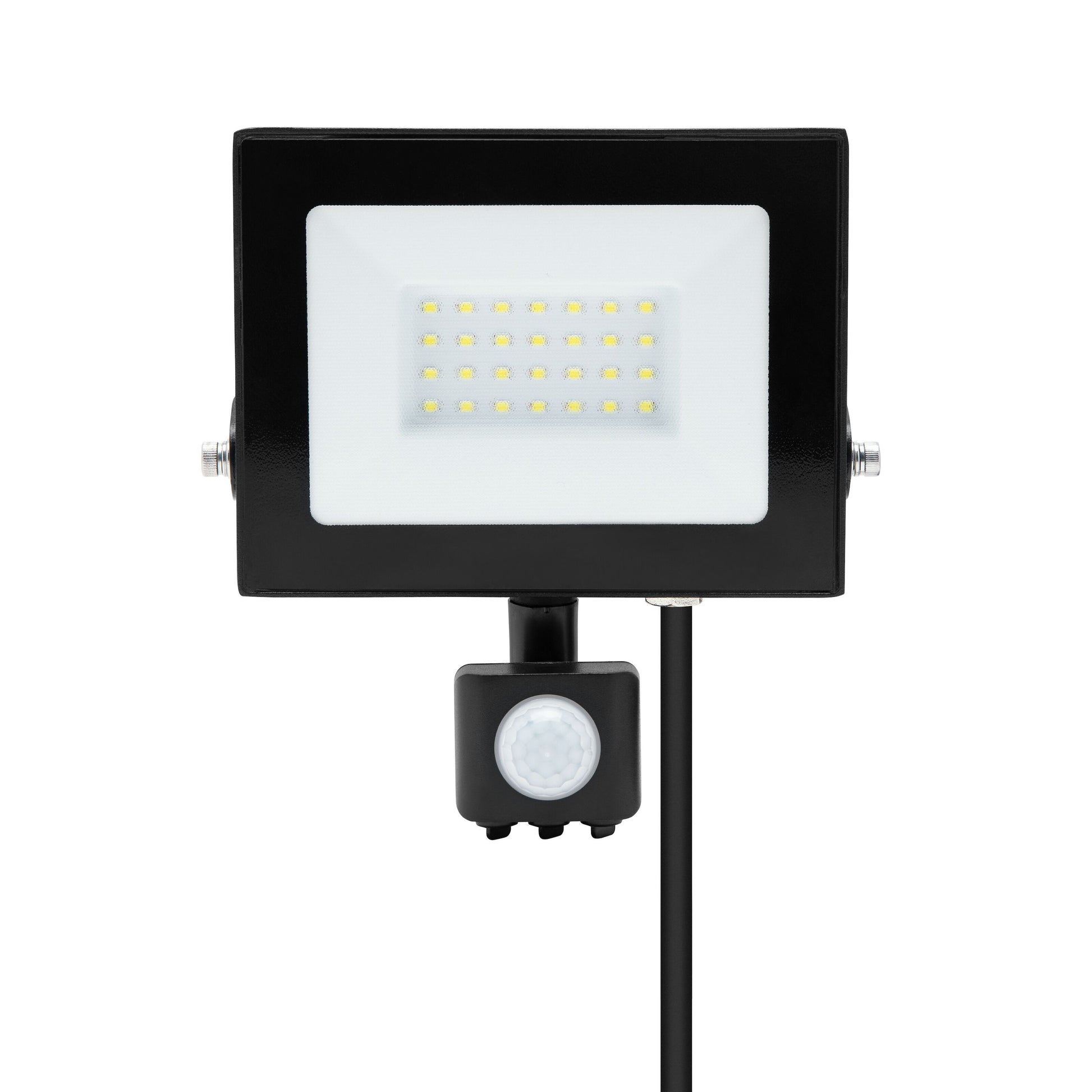 Luxorparts LED-projektør 30 W 3380 lm sort rektangulær med bevægelsessensor IP44 vandtæt, ses forfra.