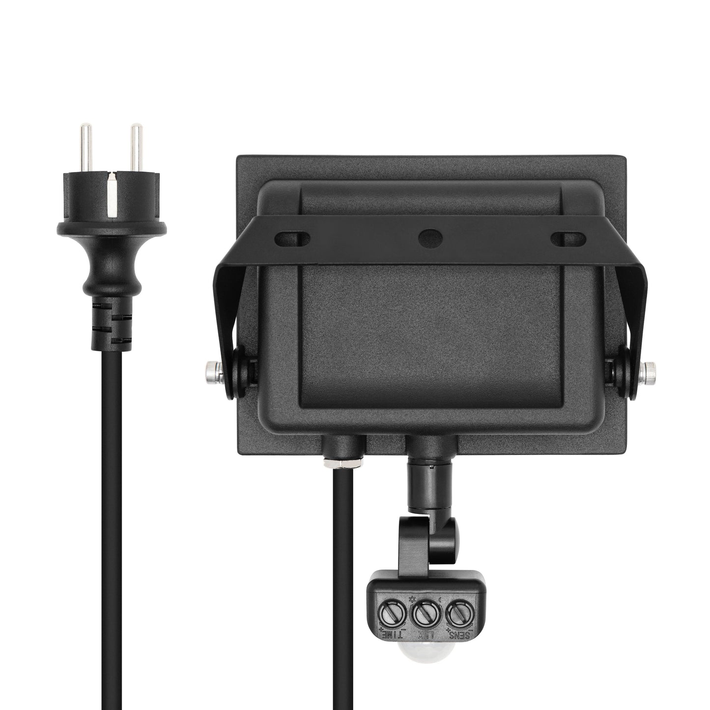 Bagside af LED-projektør med bevægelsessensor 30 W 3380 lm, sort, infrarød sensor, IP44, ledning med tobenet stik.