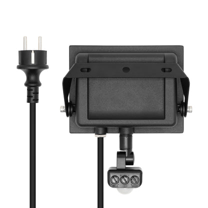 Bagside af LED-projektør med bevægelsessensor 30 W 3380 lm, sort, infrarød sensor, IP44, ledning med tobenet stik.