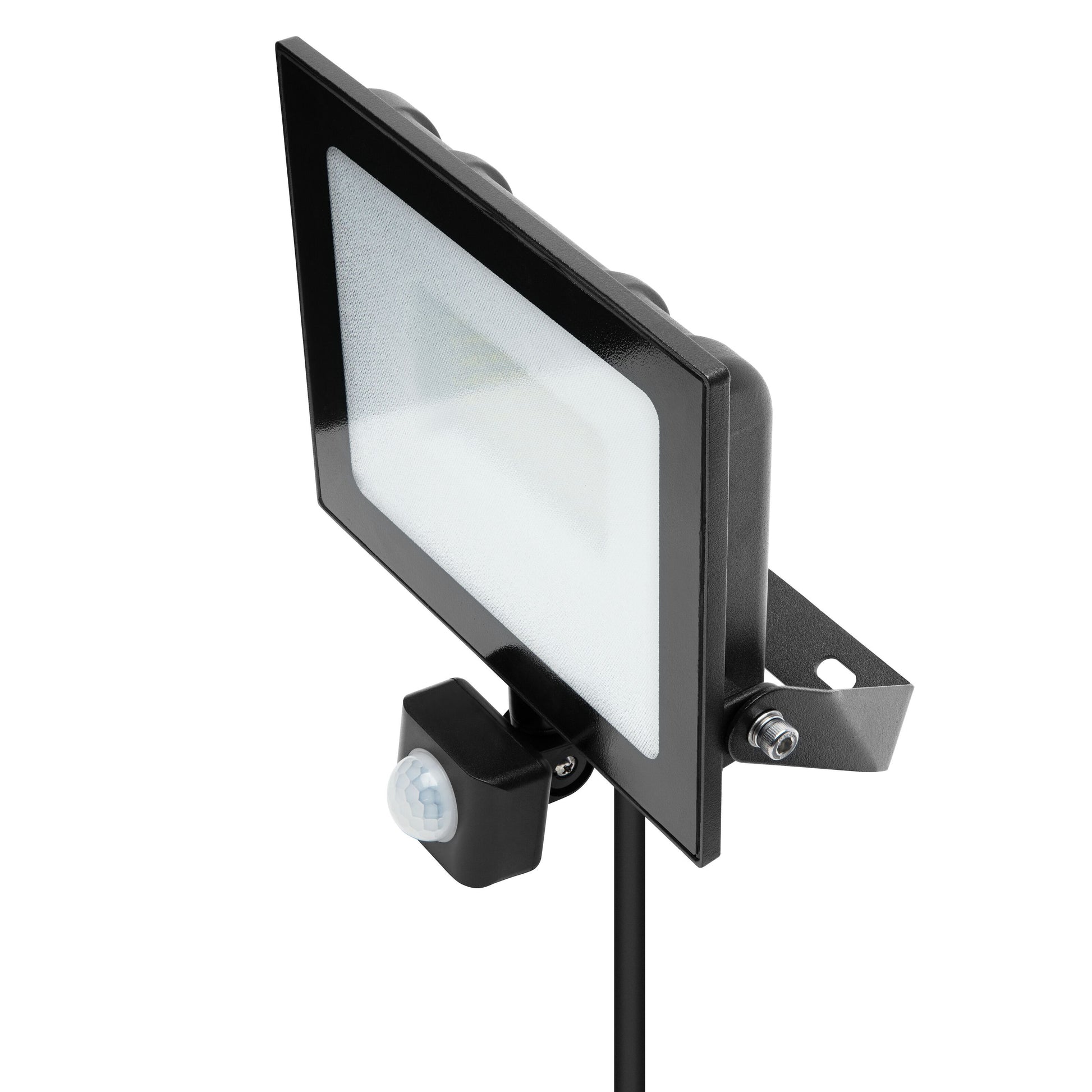 Luxorparts LED-projektør 50 W 5750 lm sort rektangulær udendørslampe med bevægelsessensor under lyskilden.