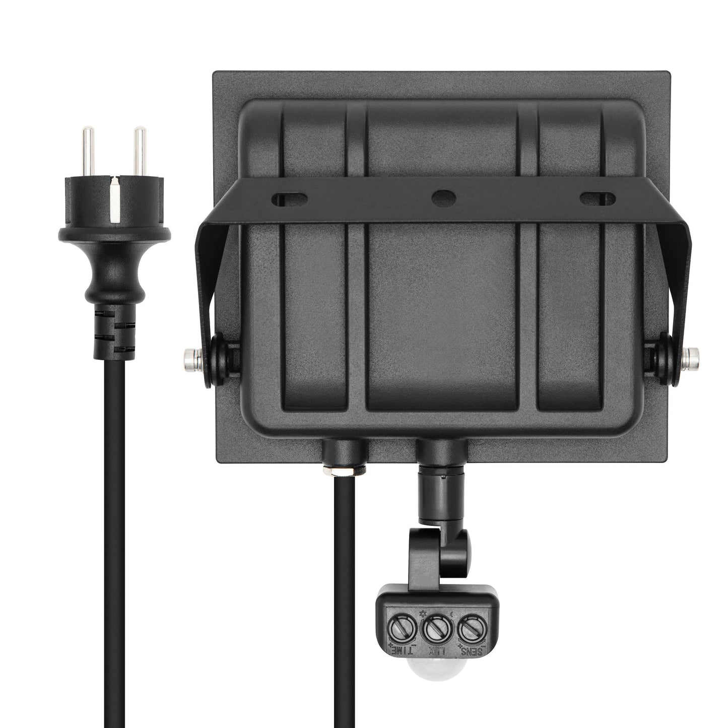 LED-projektør 50 W 5750 lm med bevægelsessensor set bagfra, netledning, stik og justerbart beslag.