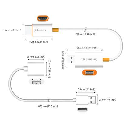 J5create SkærmCast trådløs adapter med HDMI til USB og micro-USB stik, mål i mm/tommer vises.