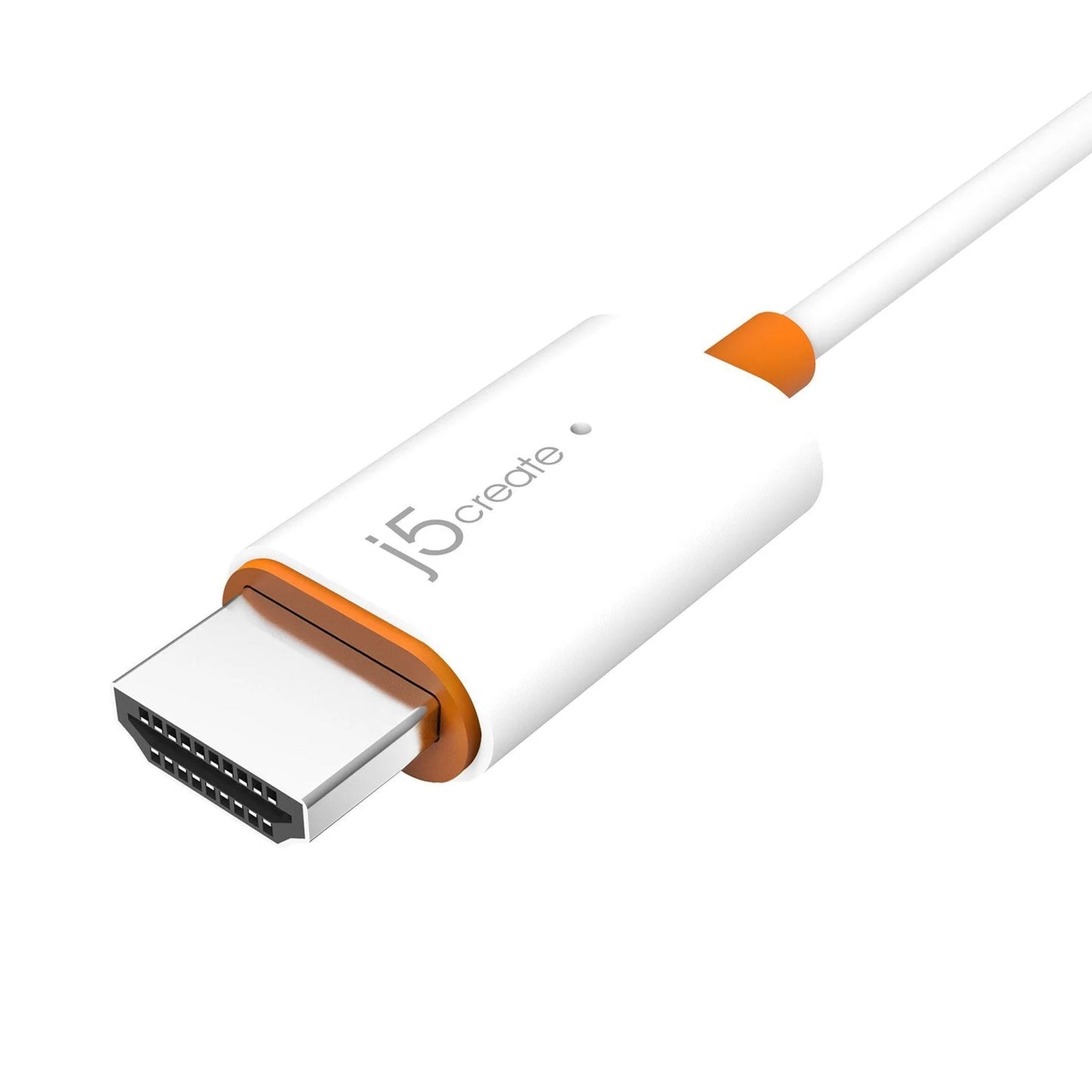 J5create SkærmCast trådløs HDMI-adapter, hvid med orange detalje ved stik, J5create-logo, understøtter Miracast/AirPlay/Chromecast.