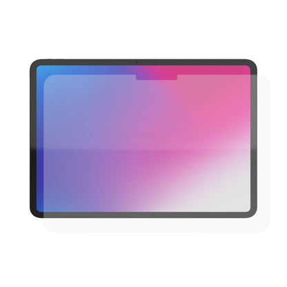 IPad Air 11" 2024 med hærdet glasskærmbeskyttelse, sort ramme, gradientskærm i blå, pink og hvid.