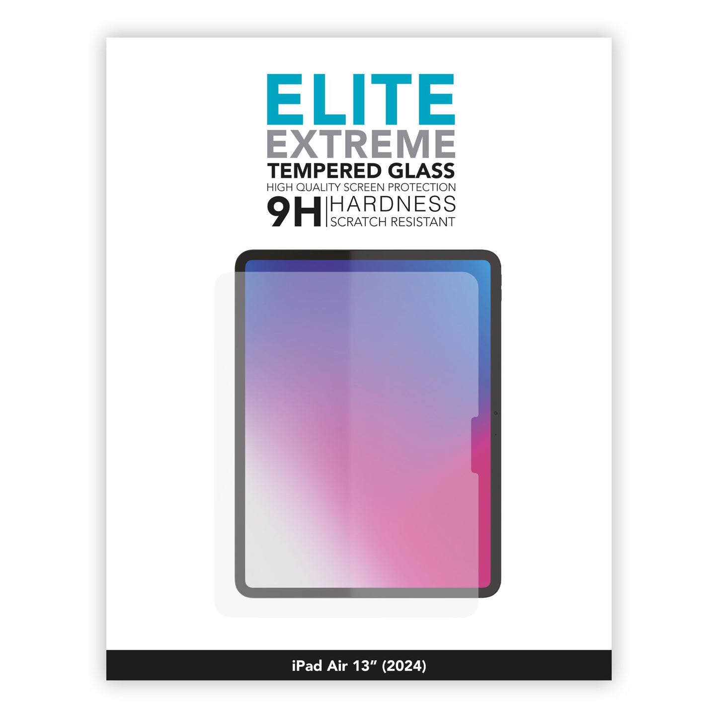 Linocell Elite Extreme skærmbeskyttelse iPad Air 13" 2024, 9H hårdhed, ridsefast, forside viser beskyttet tablet-illustration.