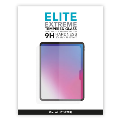 Linocell Elite Extreme skærmbeskyttelse iPad Air 13" 2024, 9H hårdhed, ridsefast, forside viser beskyttet tablet-illustration.
