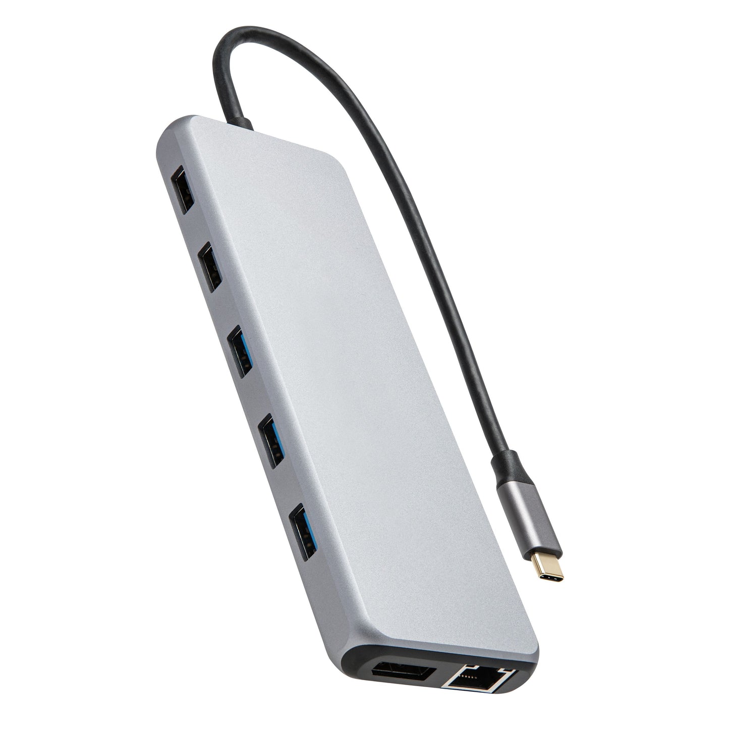 USB-C multiadapter med 13 porte inkl. flere USB, Ethernet, 4K HDMI, sølvfarve, kort sort kabel med USB-C stik, 100 W passthrough.