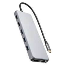USB-C multiadapter med 13 porte inkl. flere USB, Ethernet, 4K HDMI, sølvfarve, kort sort kabel med USB-C stik, 100 W passthrough.