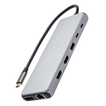 USB-C multiadapter med 13 porte inkl. 4K HDMI, USB-A, Ethernet, SD-læser, 100W passthrough, kort sort kabel, sølv.