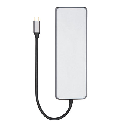 USB-C Multiadapter sølv, rektangulær hub med kort sort kabel, USB-C stik, 100W passthrough, 13 porte.
