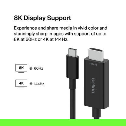 Belkin USB-C til HDMI kabel 2 m 8K/60 Hz eller 4K/144 Hz understøttelse, tekst fremhæver opløsning og hastighed.