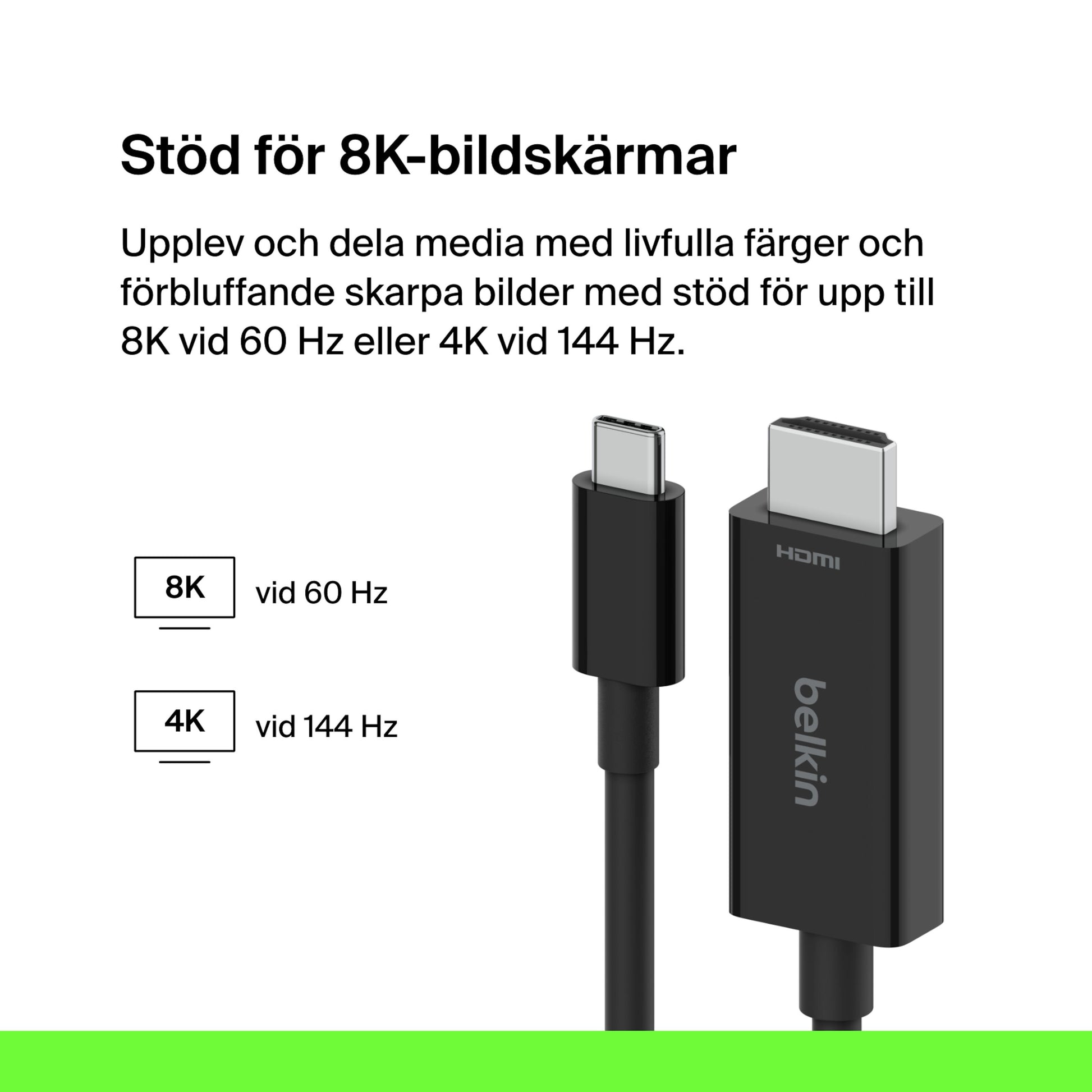 Belkin USB-C til HDMI kabel 2 m sort, understøtter 8K/60 Hz og 4K/144 Hz, kompatibilitetsikoner synlige.