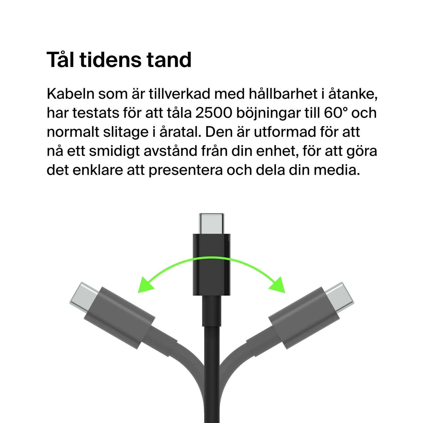Belkin USB-C til HDMI kabel 8K/60 Hz 2 m, vises bøjet med pile for fleksibilitet, svensk tekst om 2500 bøjningsstyrke.