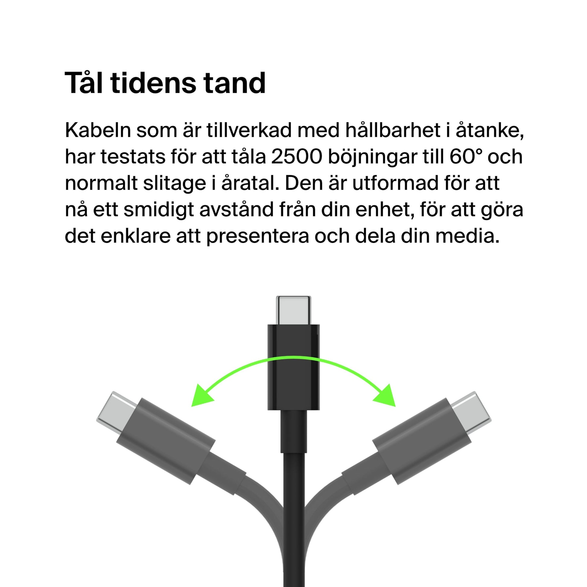Belkin USB-C til HDMI kabel 8K/60 Hz 2 m, vises bøjet med pile for fleksibilitet, svensk tekst om 2500 bøjningsstyrke.