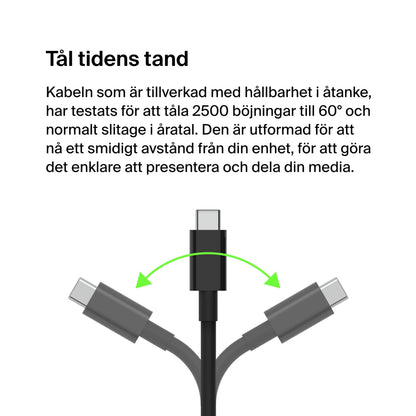 Belkin USB-C til HDMI kabel 8K/60 Hz 2 m, vises bøjet med pile for fleksibilitet, svensk tekst om 2500 bøjningsstyrke.