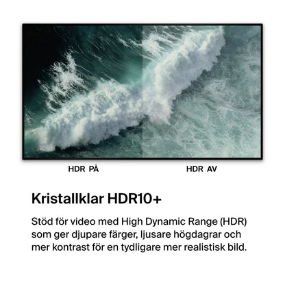 USB-C-kabel til HDMI 8K/60 Hz 2 m split-billede, venstre HDR10+, højre standard, svensk tekst viser HDR10+ fordele.