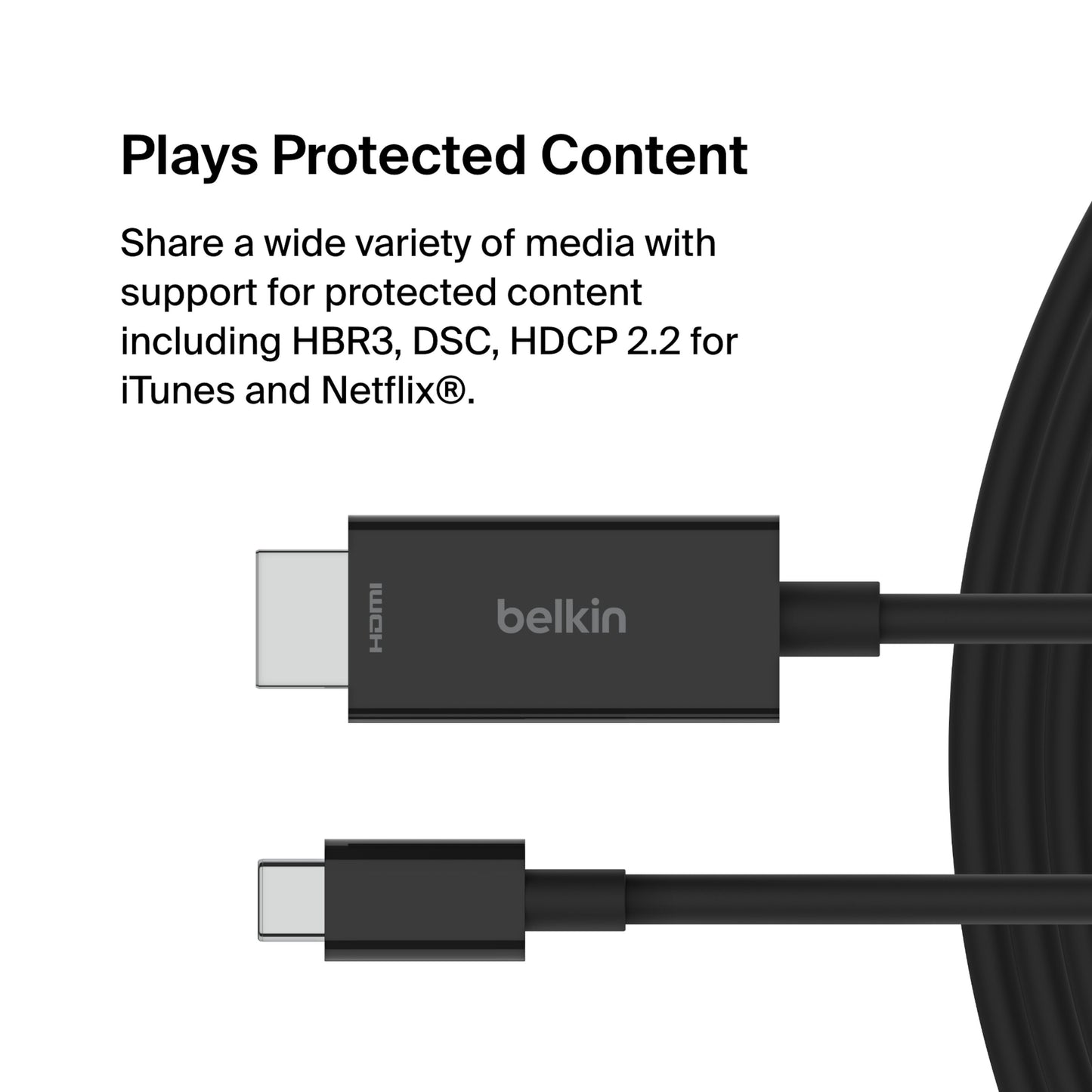 Belkin USB-C til HDMI kabel 2m 8K/60Hz HBR3 DSC HDCP 2.2 understøtter iTunes og Netflix beskyttet indhold.