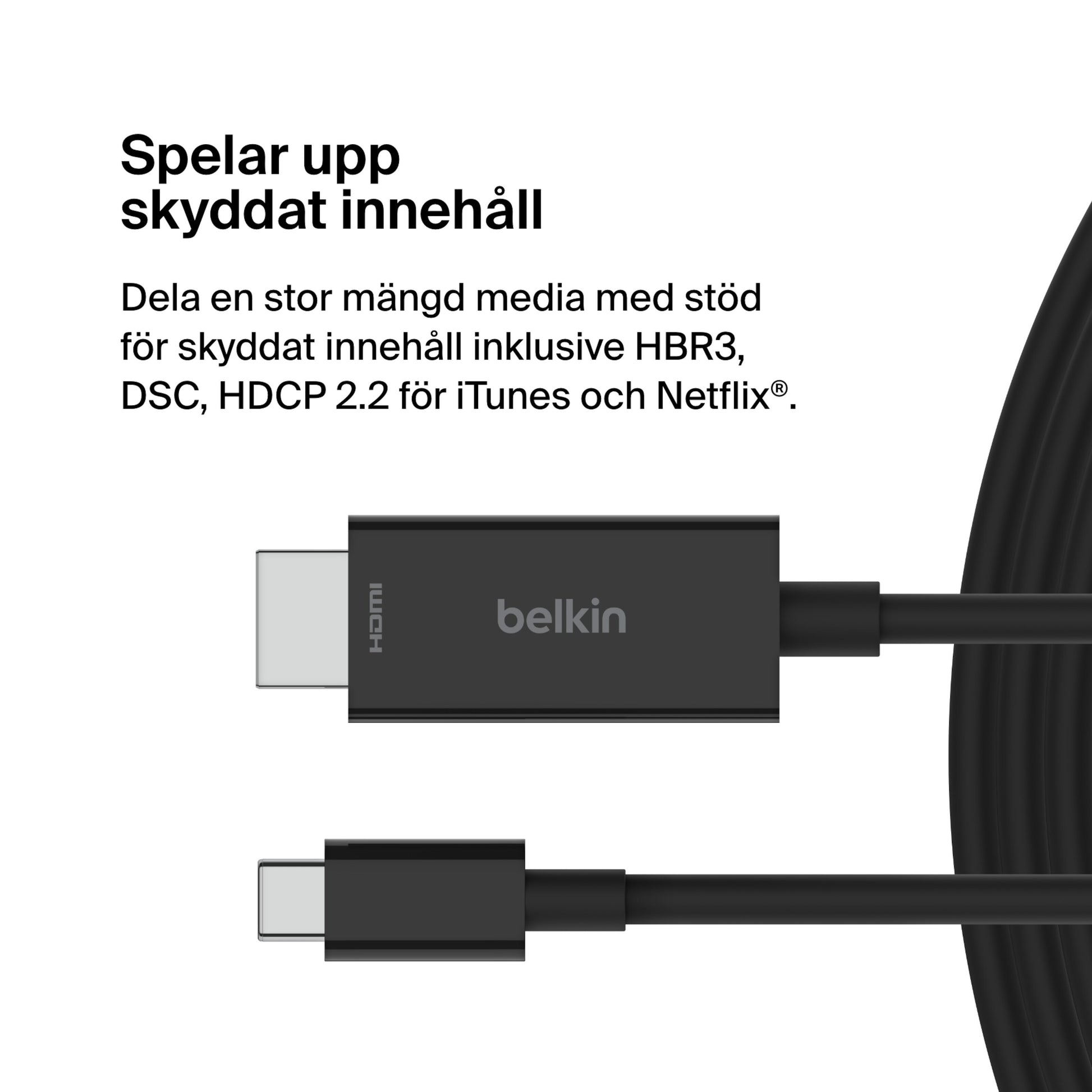Belkin USB-C til HDMI-kabel sort 2 m, 8K/60 Hz, svensk tekst om beskyttet indhold og kompatibilitet med iTunes/Netflix.