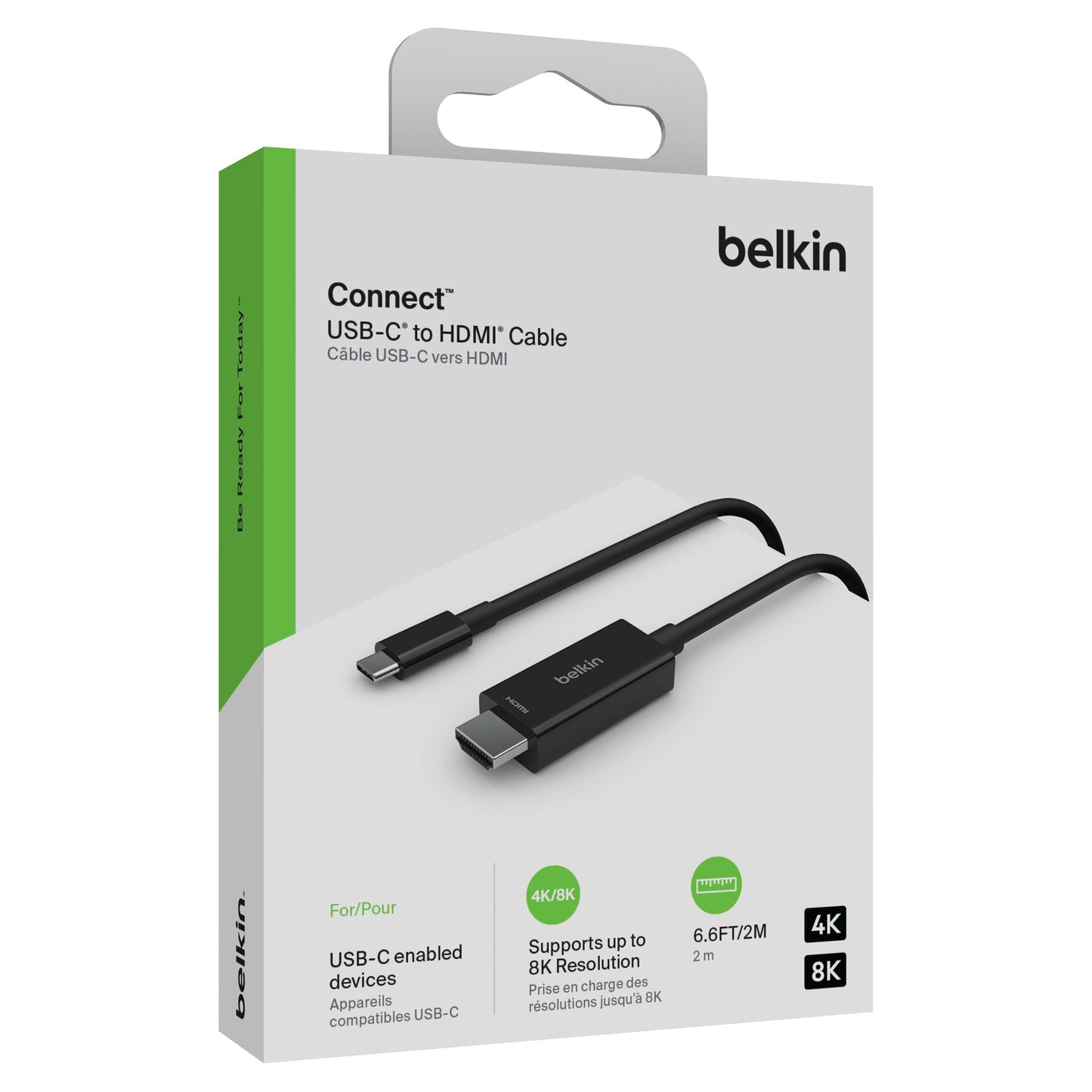 USB-C til HDMI-kabel 8K/60 Hz 2 m i emballage, synlige USB-C og HDMI-stik, kasse med 8K/60 Hz og 2 m info.