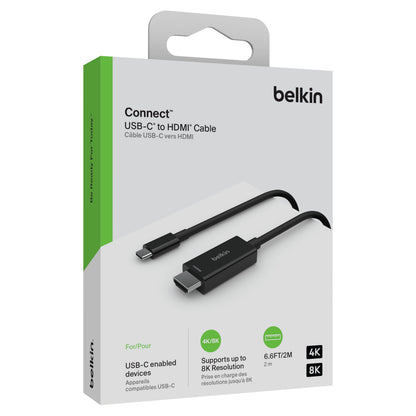 USB-C til HDMI-kabel 8K/60 Hz 2 m i emballage, synlige USB-C og HDMI-stik, kasse med 8K/60 Hz og 2 m info.