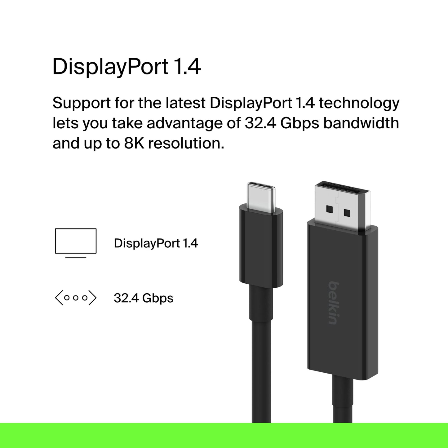 Belkin USB-C til DisplayPort kabel 2 m, 8K/60 Hz, 32,4 Gbps, DisplayPort 1.4.