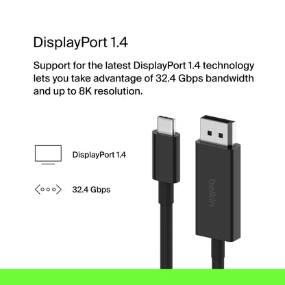Belkin USB-C til DisplayPort kabel 2 m, 8K/60 Hz, 32,4 Gbps, DisplayPort 1.4.