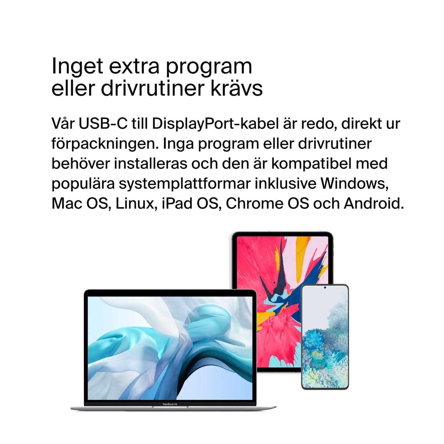 Belkin USB-C til DisplayPort kabel 8K/60Hz 2m vises med svensk tekst, ingen ekstra software eller drivere kræves.