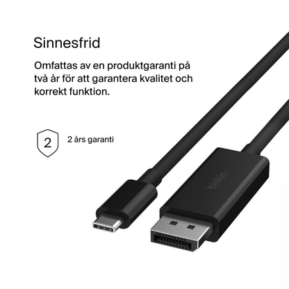 Belkin USB-C til DisplayPort kabel 8K/60Hz, 2 meter, svensk tekst "Sinnesfrid", "2 års garanti"-badge.