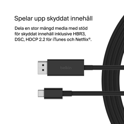 Belkin USB-C til DisplayPort 8K/60Hz kabel 2m sort, svensk tekst med HBR3, DSC, HDCP 2.2, iTunes, Netflix-støtte.