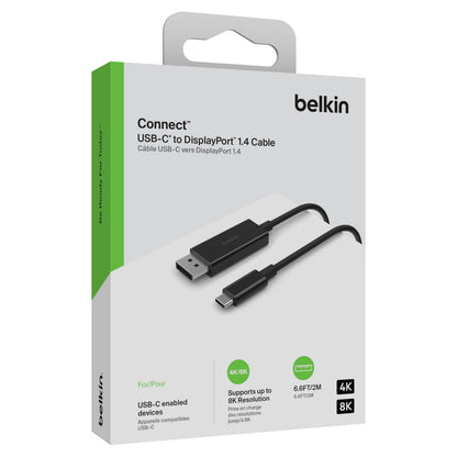 Belkin USB-C til Displayport kabel 8K/60Hz 2m, hvid/grøn æske med kabelbillede og produktinfo.