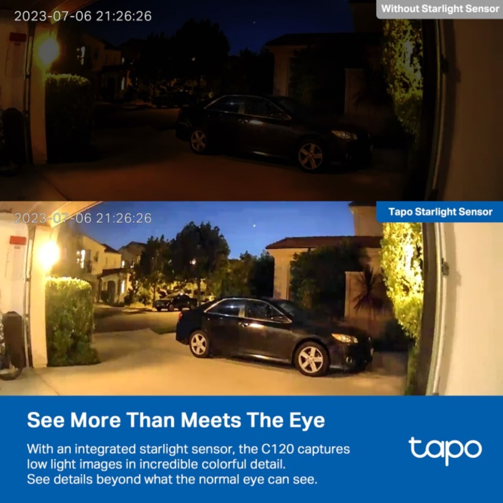 Sammenligning af natoptagelser, nederste billede fra TP-Link Tapo C120 indendørs/udendørs Wi-Fi sikkerhedskamera med klarere detaljer.