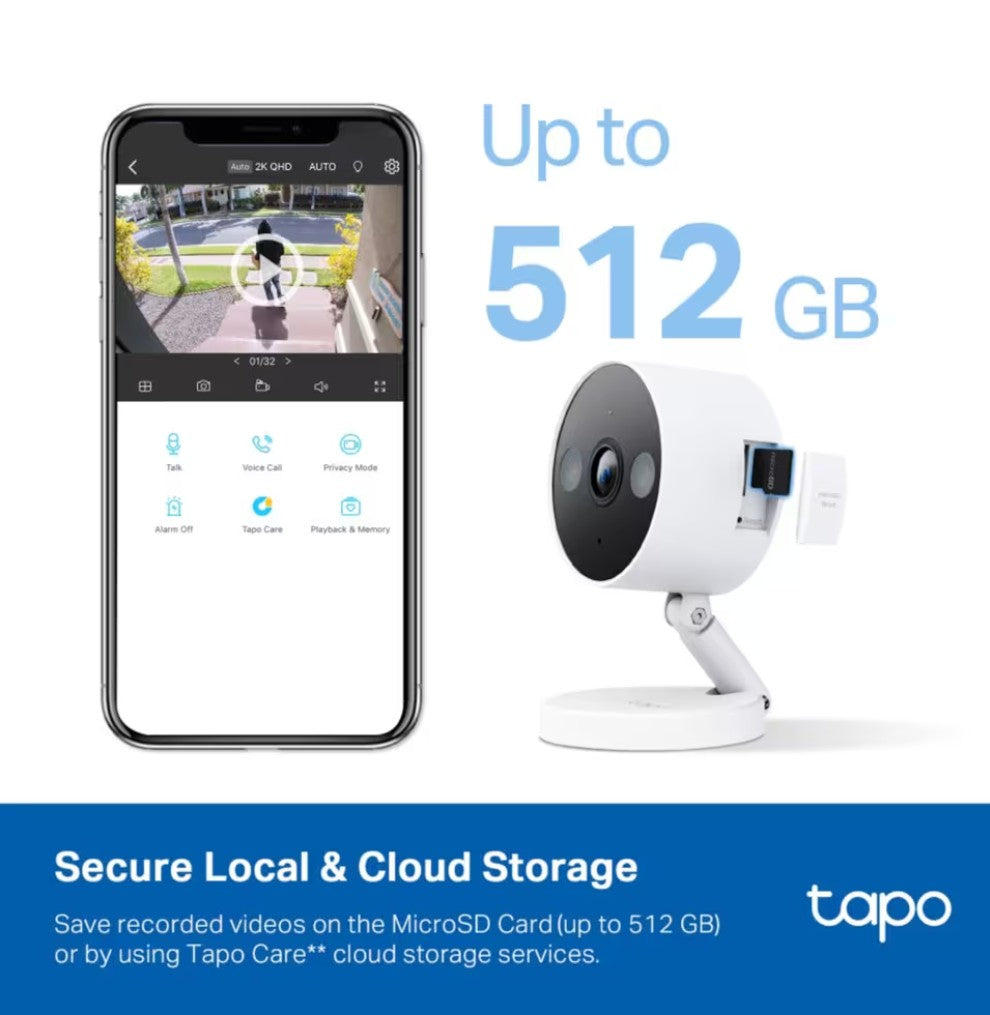 TP-Link Tapo C120 Wi-Fi kamera til inde/ude, MicroSD slot op til 512GB, ses med smartphone live 2K i Tapo-app.