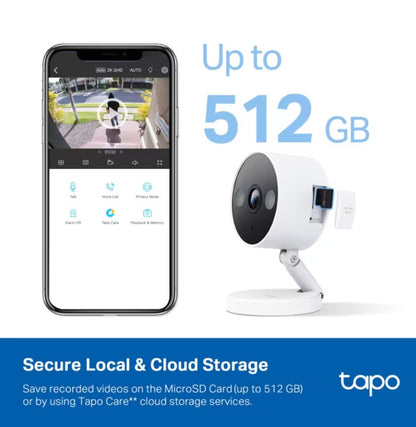 TP-Link Tapo C120 Wi-Fi kamera til inde/ude, MicroSD slot op til 512GB, ses med smartphone live 2K i Tapo-app.