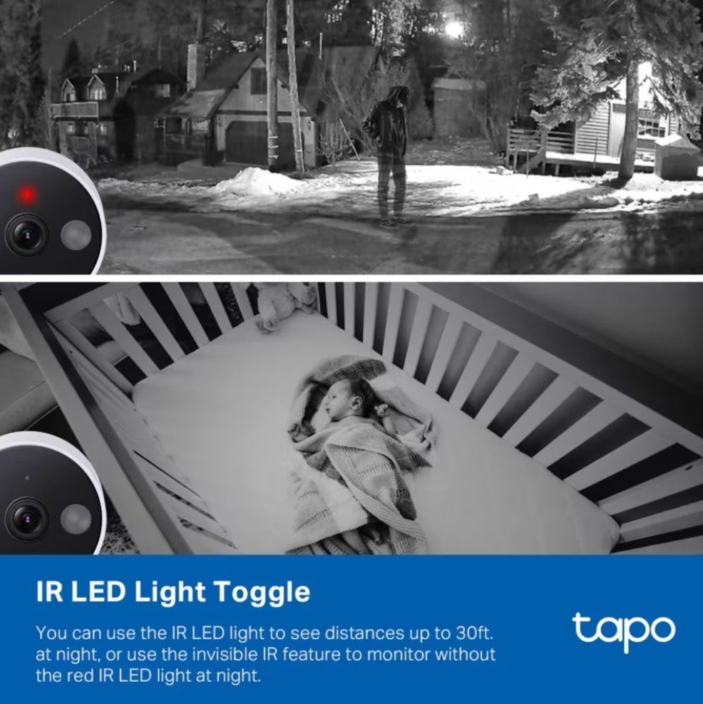 TP-Link Tapo C120 Wi-Fi sikkerhedskamera natoptagelse i sort-hvid, IR LED-lys, 2K, person i sne og sovende baby.