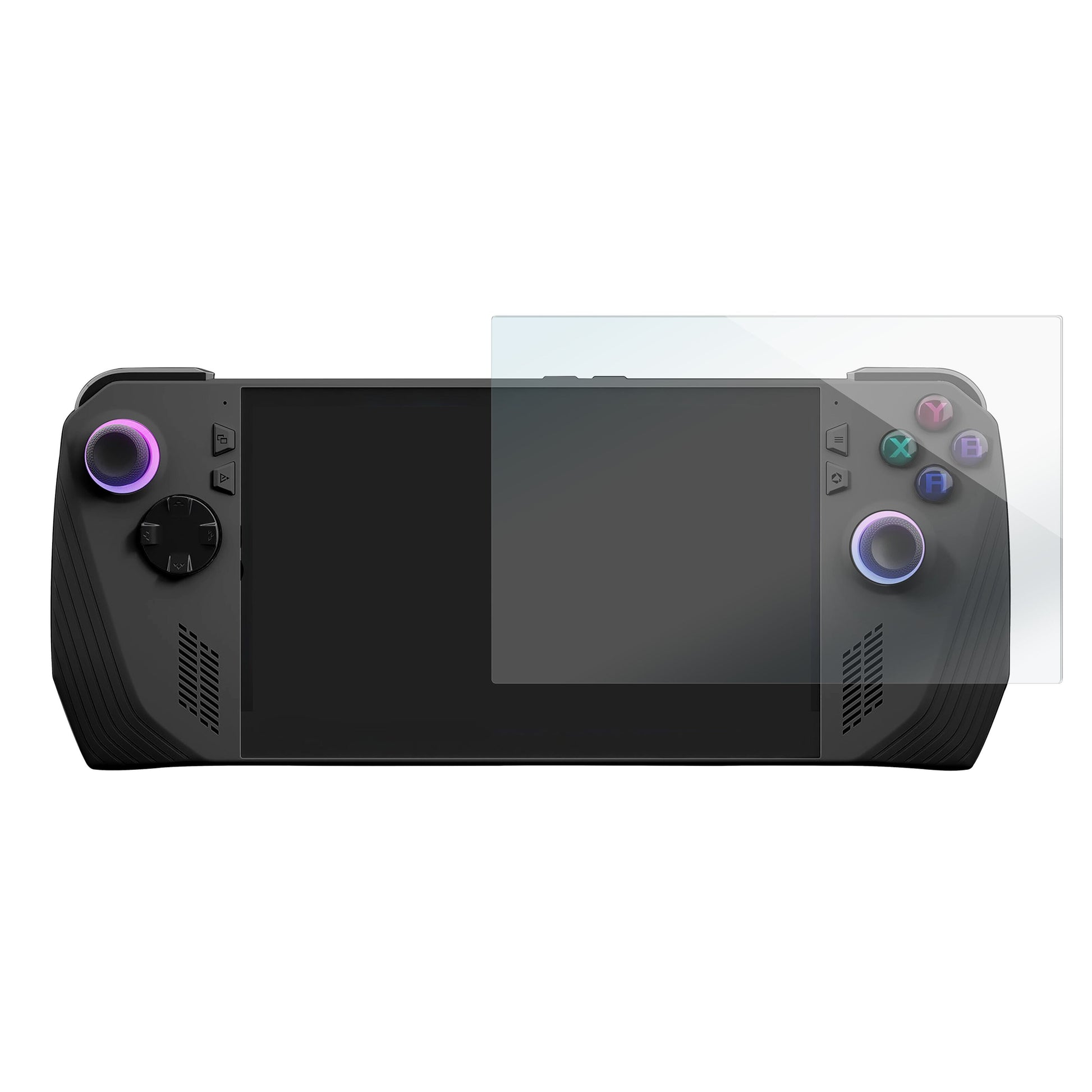 Asus Rog Ally sort håndholdt spillekonsol med RGB-sticks, D-pad, ABXY knapper, skærmbeskytter monteret på skærm.