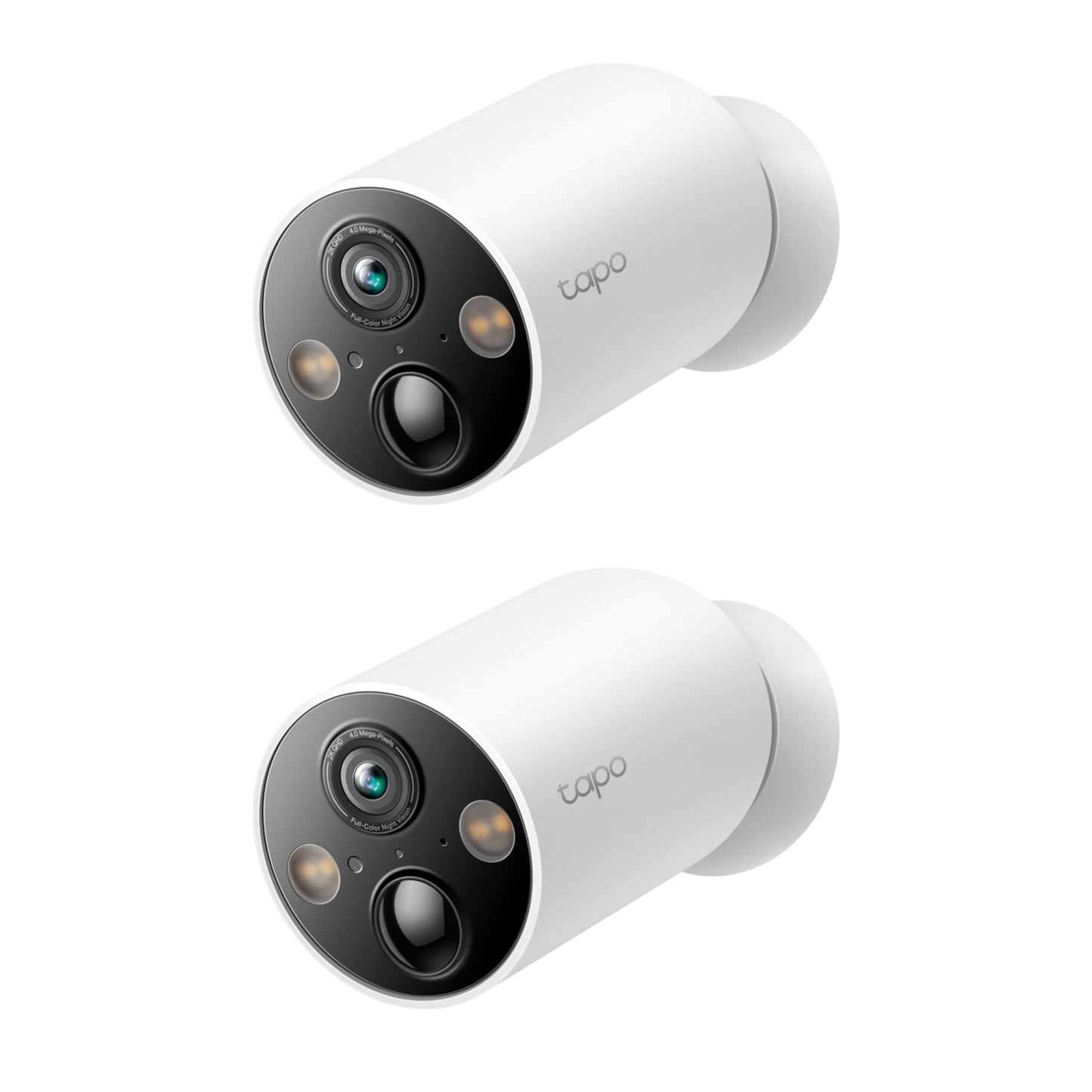 2-pak TP-Link Tapo C425 hvide udendørskameraer med sorte fronter, linse, sensorer og to runde lys, Wi-Fi.