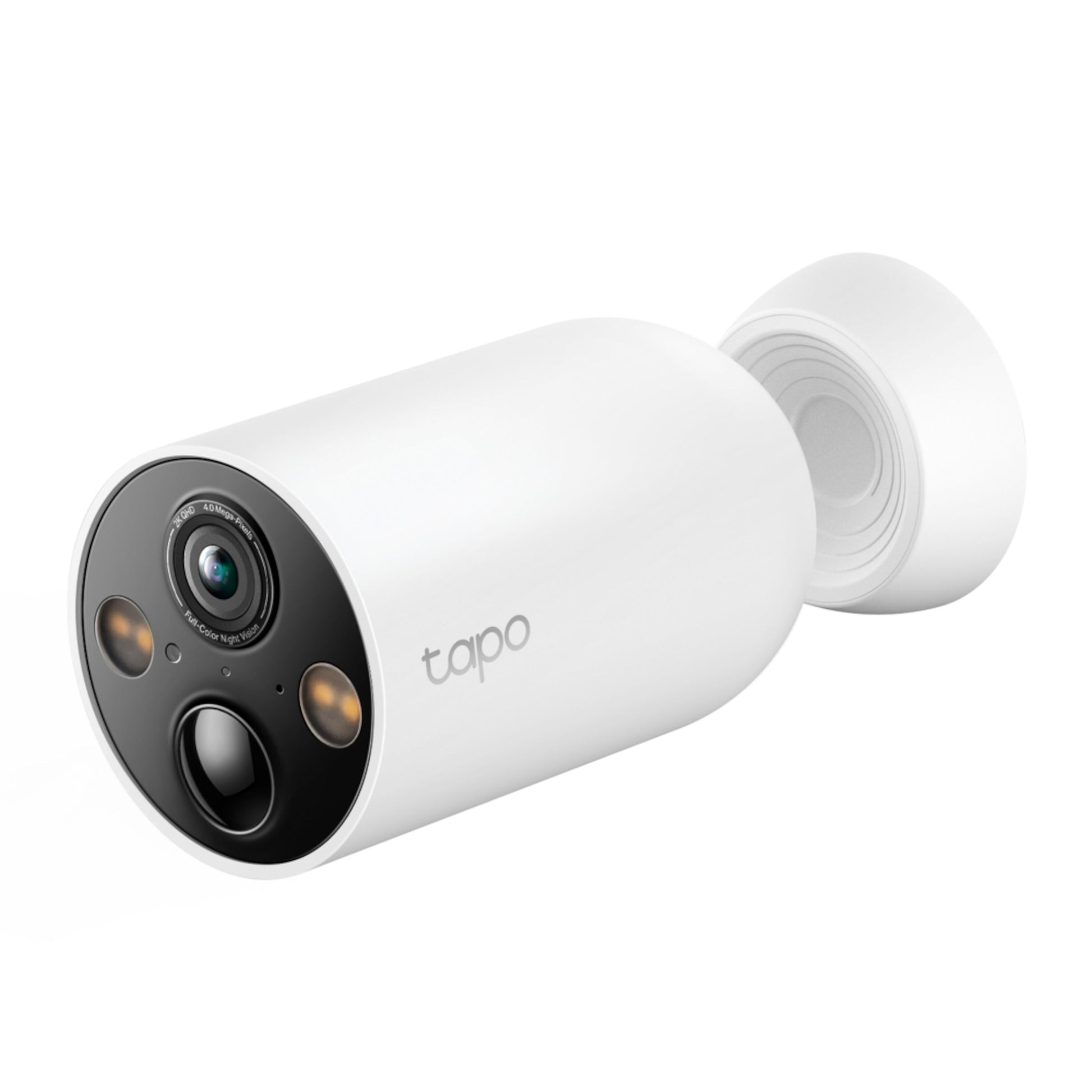 TP-Link Tapo C425 overvågningskamera hvid cylinder, sort front med linse og to små lys, TP-Link-logo, Wi-Fi 2-pakke.