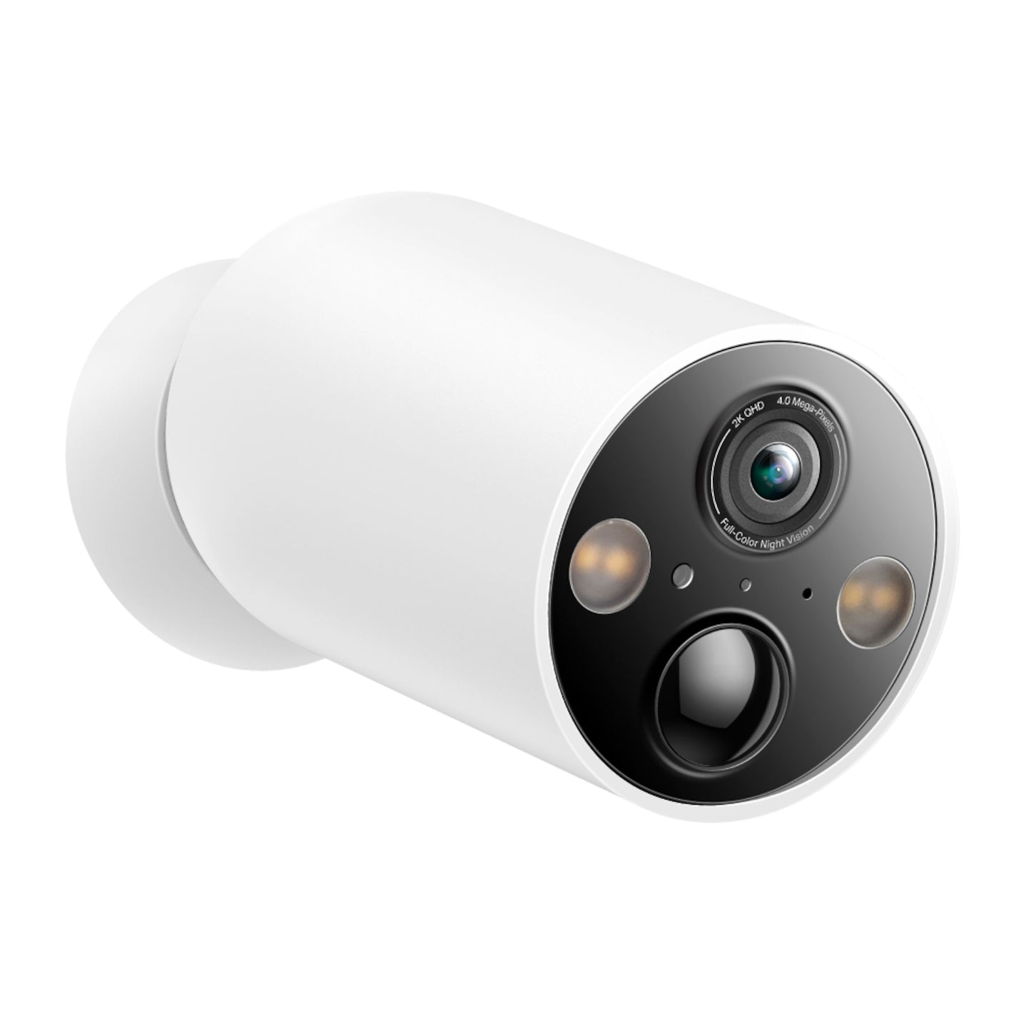 Tapo C425 Wi-fi overvågningskamera 2-pakke, hvid cylinder med sort front, linse, lys og sensor, klar til vægmontering.