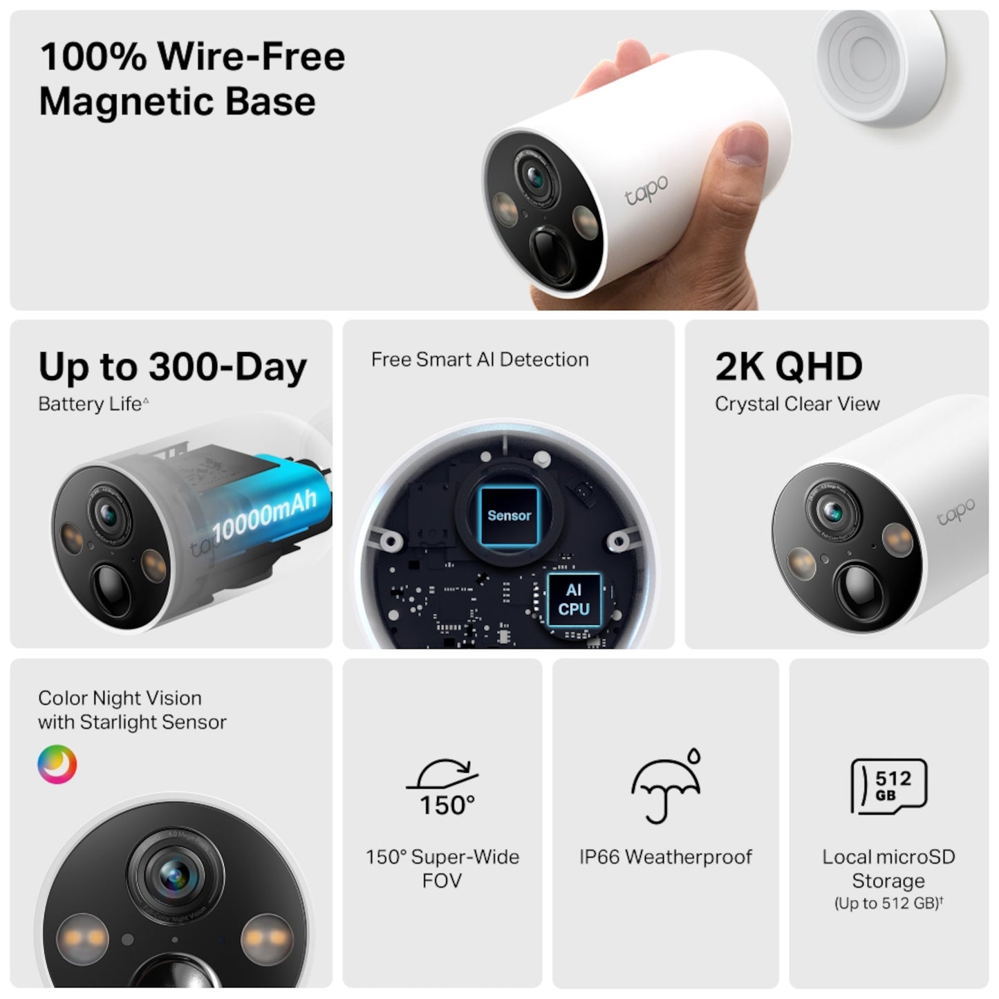 Tapo C425 WiFi overvågningskamera 2-pak 100 trådløs, magnetisk base, 300 dage batteri, AI, 2K QHD, farvenatvision, microSD.